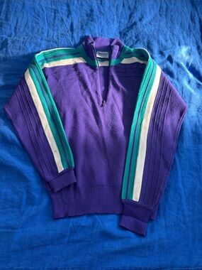 Vintage Purple V-Neck Sweater with Teal and Cream Stripes